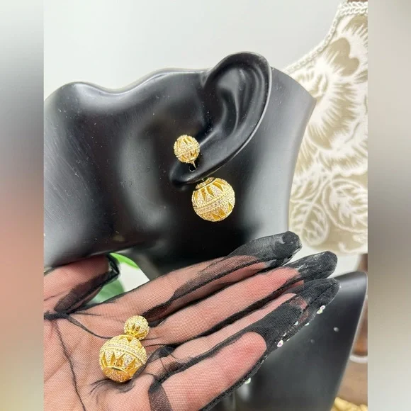 Glamorous Gold-Tone Double Sphere Drop Earrings ✨ - Picture 8 of 8